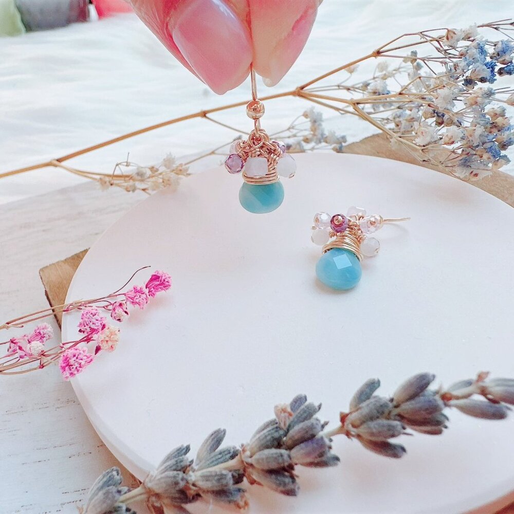 14k Gold-Filled Blue Quartz and Tiny Gemstones Cluster Earrings | Handmade in BC